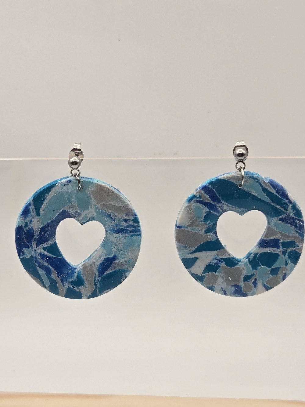 #48- Blue Marbled Heart Cutout Drop Earrings